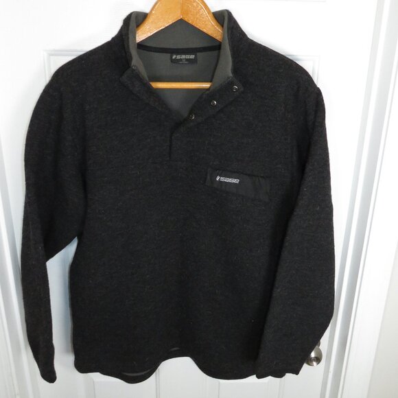 Sage Fly Rods Fishing Men's Wool Blend Sweater Pullover Gray Snap Pocket XL/ L - Picture 1 of 6